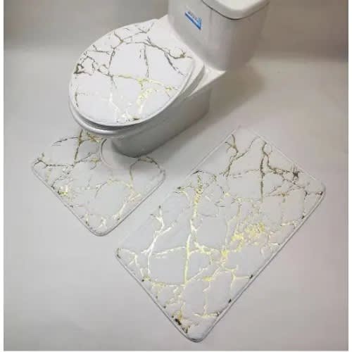 3 In 1 White Marble Design Bathroom Rug Set