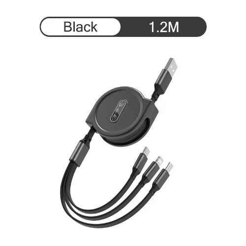 Foldable Retractable 3A Fast USB Charging Cable - 1.2meter - 3 In 1