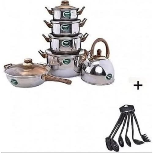 Set Of 6 Pots + 1 Frying Pan + Kettle And Set Of 6 Non Stick Cooking Spoon