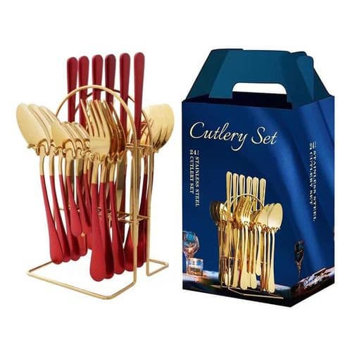 Stainless Steel Spoon & Fork Set & Rack - 24 Pcs -Gold Plated