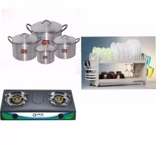 Table Top Gas Cooker + Pot Set & Plate Rack Kitchen Bundle