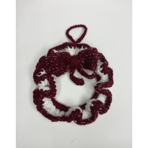 6" Handmade Crochet Christmas Wreath With Bow Ornaments- White & Wine