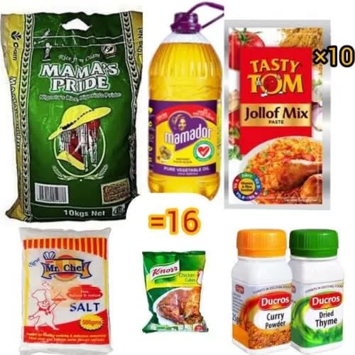 Rice 10kg - Oil 1.5liter- Tomato Paste 10sachet - Salt 500g- Knorr Chicken 1p Curry & Thyme