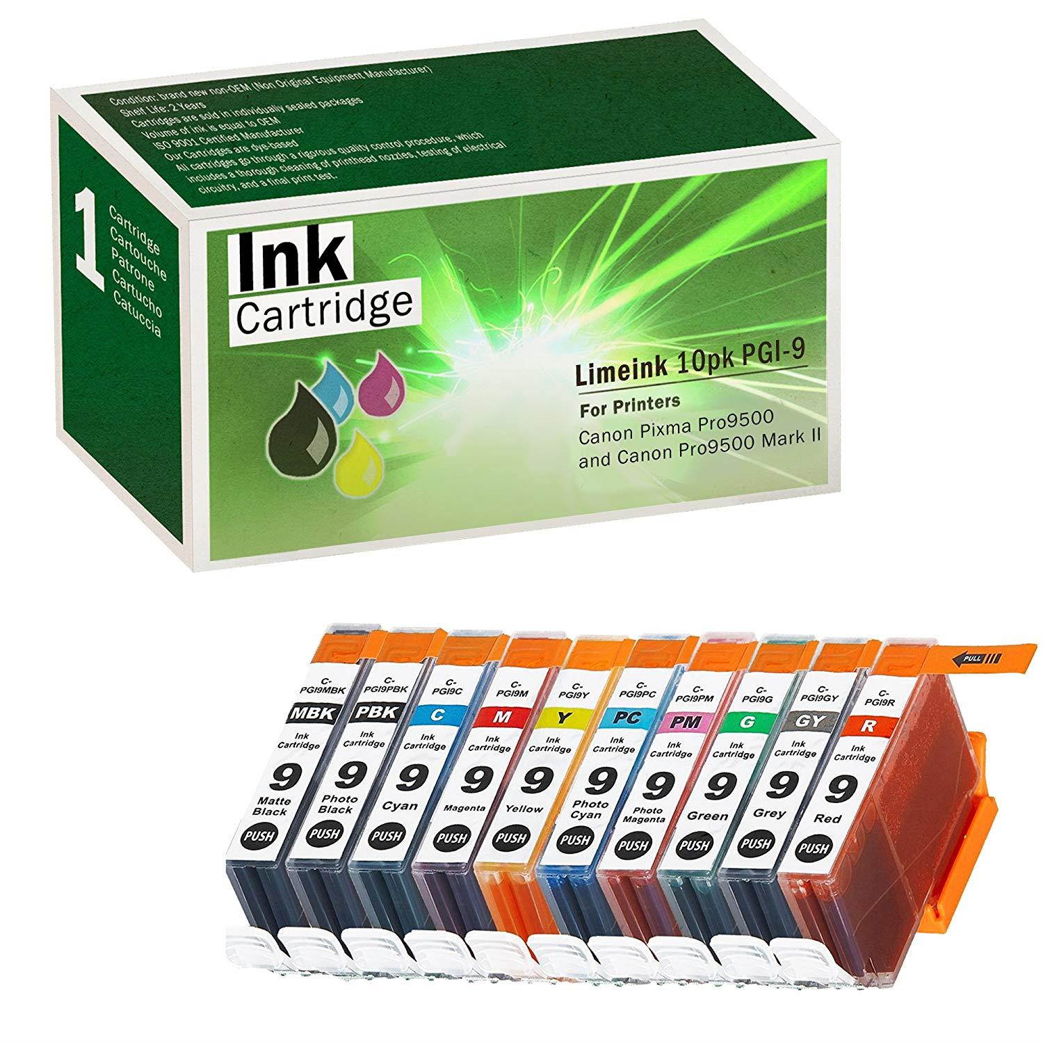Limeink Compatible Ink Cartridge Replacements for PGI-9 PIXMA Pro 9500 (1 Each of Matte Black/Photo Black/Cyan / Yellow/Magenta / Photo Cyan/Photo Magenta/Green / Gray/Red, 10 Pack) Pixus