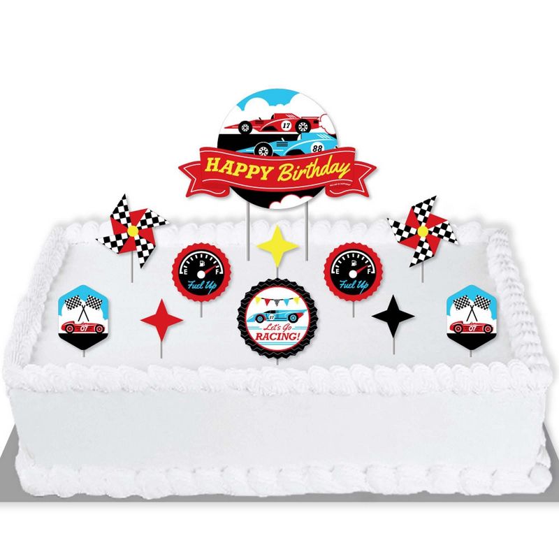 Big Dot of Happiness Let's Go Racing - Racecar - Race Car Birthday Party Cake Decorating Kit - Happy Birthday Cake Topper Set - 11 Pieces