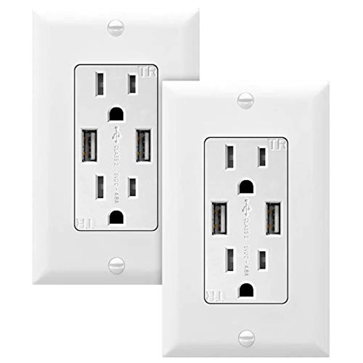 TOPGREENER 4.8A High Speed USB Wall Outlet, 15A Tamper-Resistant Receptacles, Compatible with iPhone XS/MAX/XR/X, Samsung Galaxy S9/S8, LG, HTC & Other Smartphones, UL Listed, TU21548A, 2 Pack, White