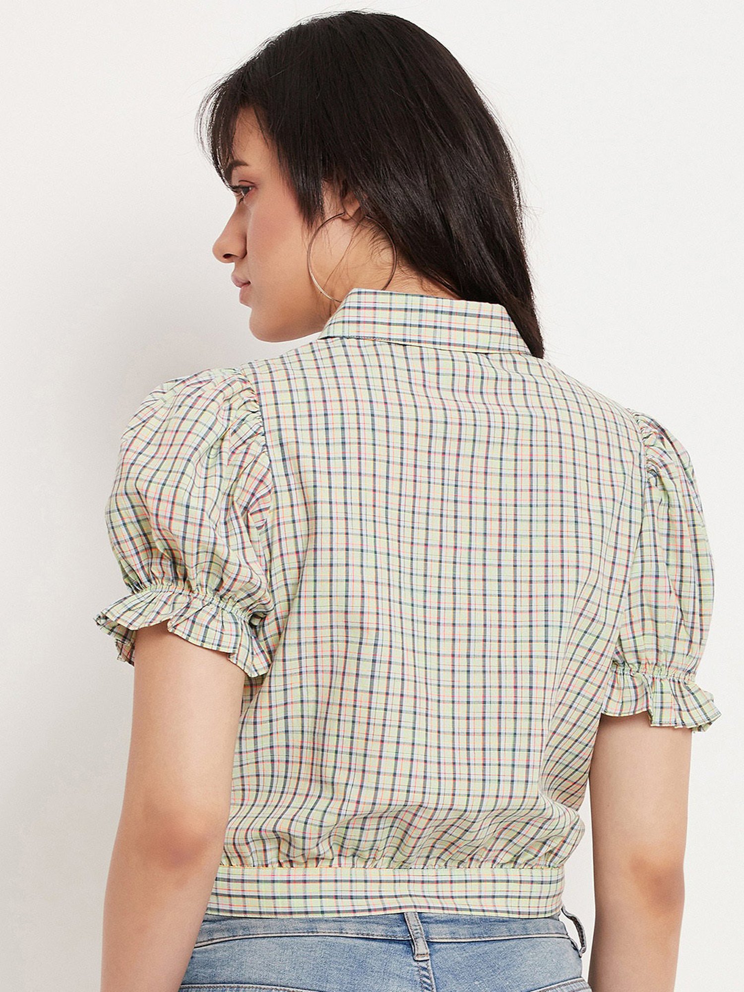 Camla Green Checks Crop Shirt