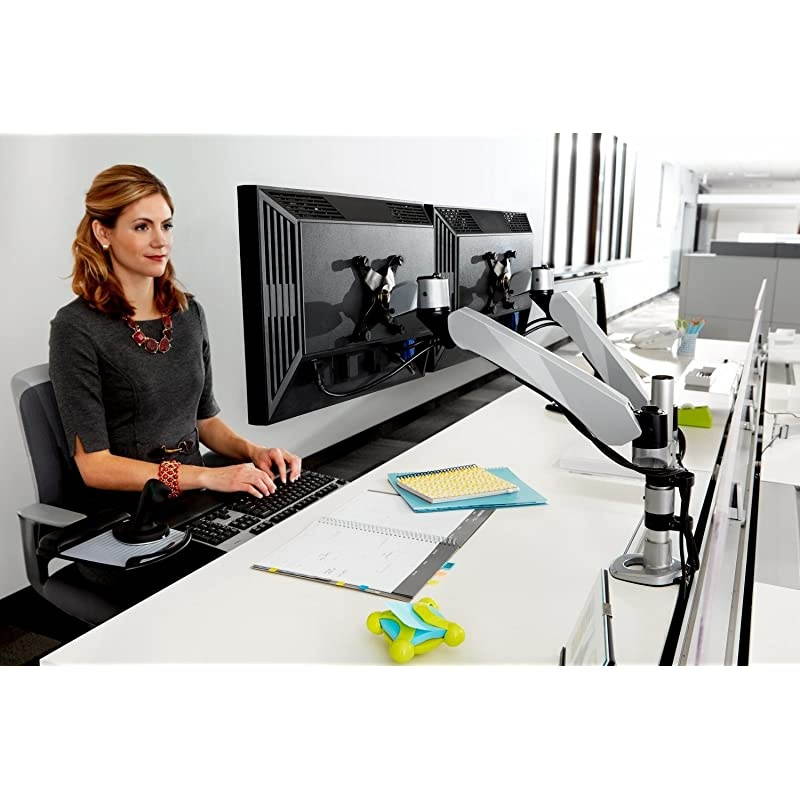 Easy Adjust Desk Mount Dual Monitor Arm, Adjust Height, Tilt, Swivel and Rotate by Holding and Moving Monitor, Free Up Desk Space, Clamp or Grommet, For Monitors to 20 lbs, <= 27", Silver (MA265S)