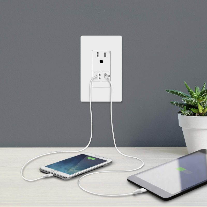 TOPGREENER USB Outlet with 18W Type-C Power Delivery Port and Quick Charge 3.0 USB Port, 15A TR Outlet, for iPhone SE/11/XS/XR/X, iPad, Google Pixel, Samsung Galaxy, More, TU115QC3PD, 2-Pack