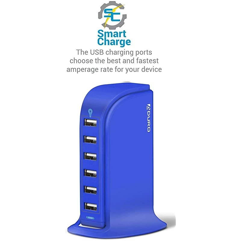 40W 6Port USB Desktop Charging Station Hub Wall Charger for iPhone iPad Tablets Smartphones with Smart Flow Blue