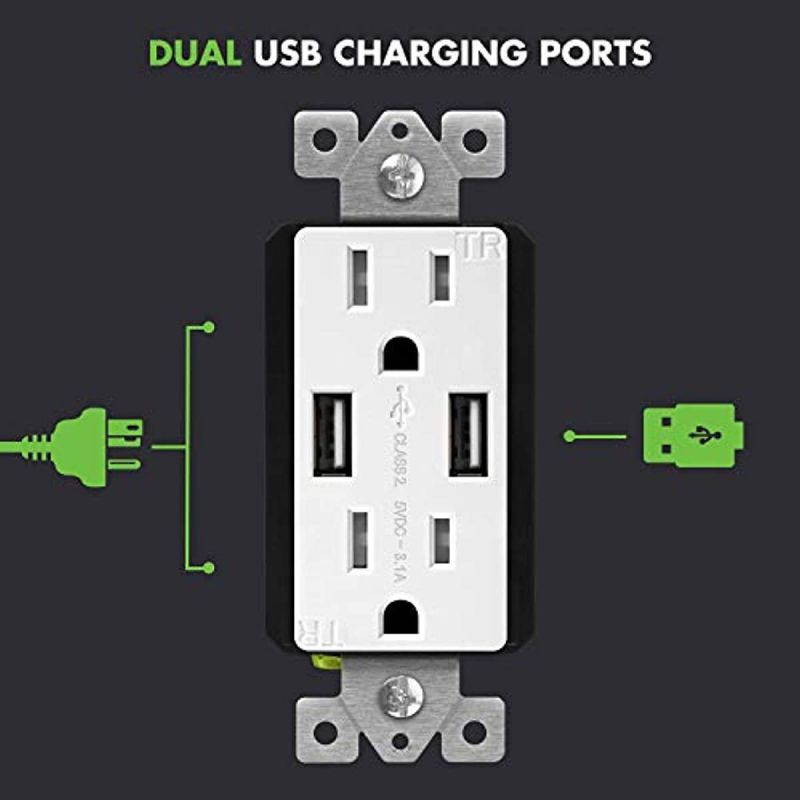 TOPGREENER 3.1A USB Outlet, USB Wall Outlet, 15A TR Receptacle, for iPhone XS/MAX/XR/X/8/7/6s/Plus, iPad, LG, HTC and more, Compatible Samsung Galaxy S9/S8/S7/S6, Note9/8/7 and more, 2-Pack, White