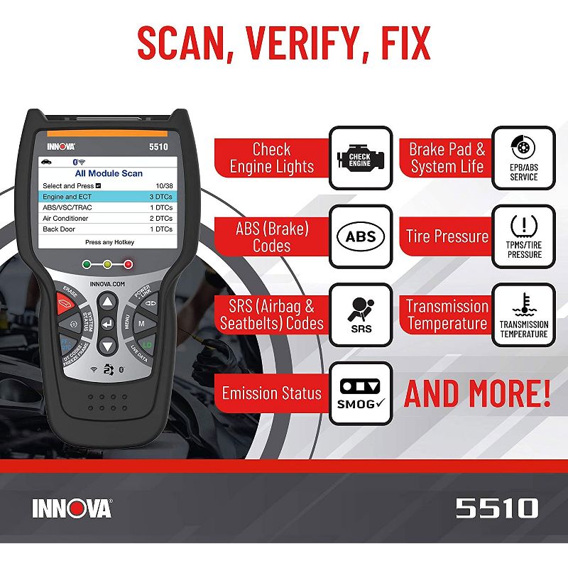 INNOVA 5510 CarScan Tech OBD2 Scanner Code Reader Tool with Live Data, Tire Pressure, and Transmission Temperature Read for Vehicle Diagnostics