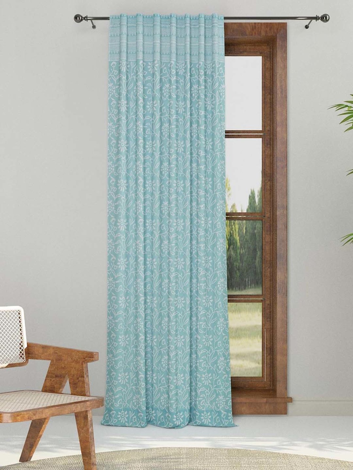 Fabindia Shyla Teal Cotton Blend Curtains