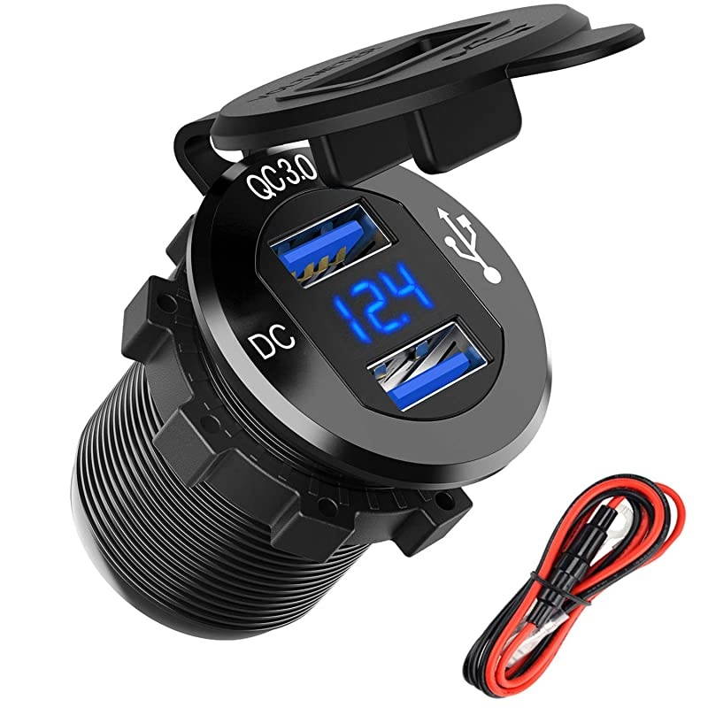 Quick Charge 30 Dual USB Charger Socket  Waterproof Aluminum Power Outlet Fast Charge with LED Voltmeter Wire Fuse DIY Kit for 12V24V Car Boat Marine Motorcycle Truck Golf Cart and More