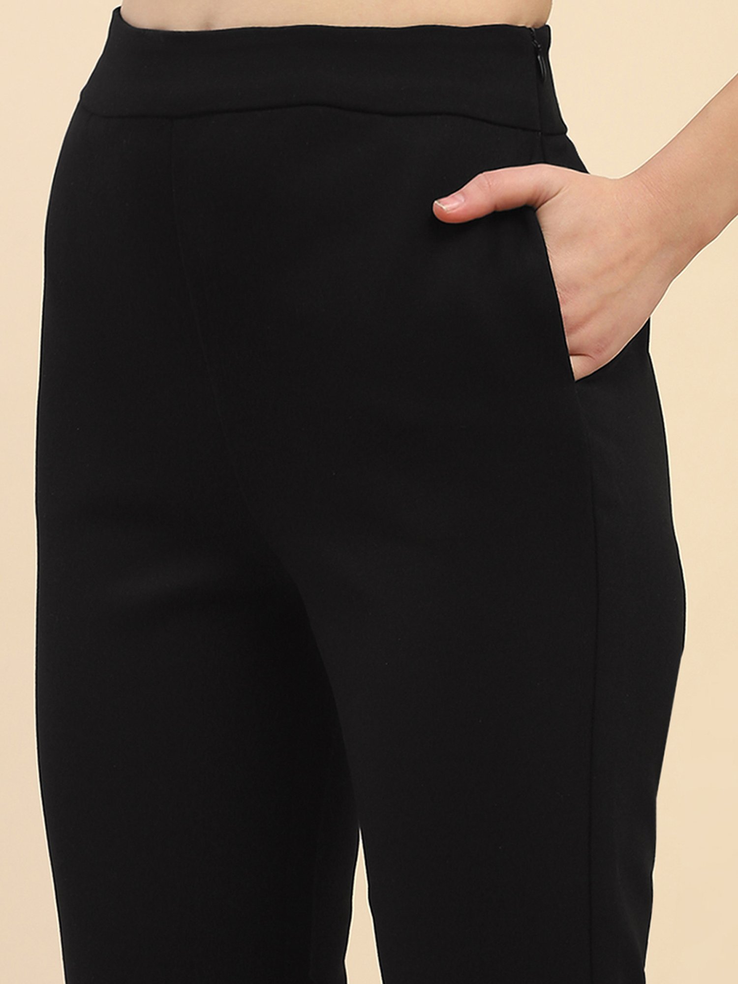 Camla Black Regular Fit Mid Rise Trousers