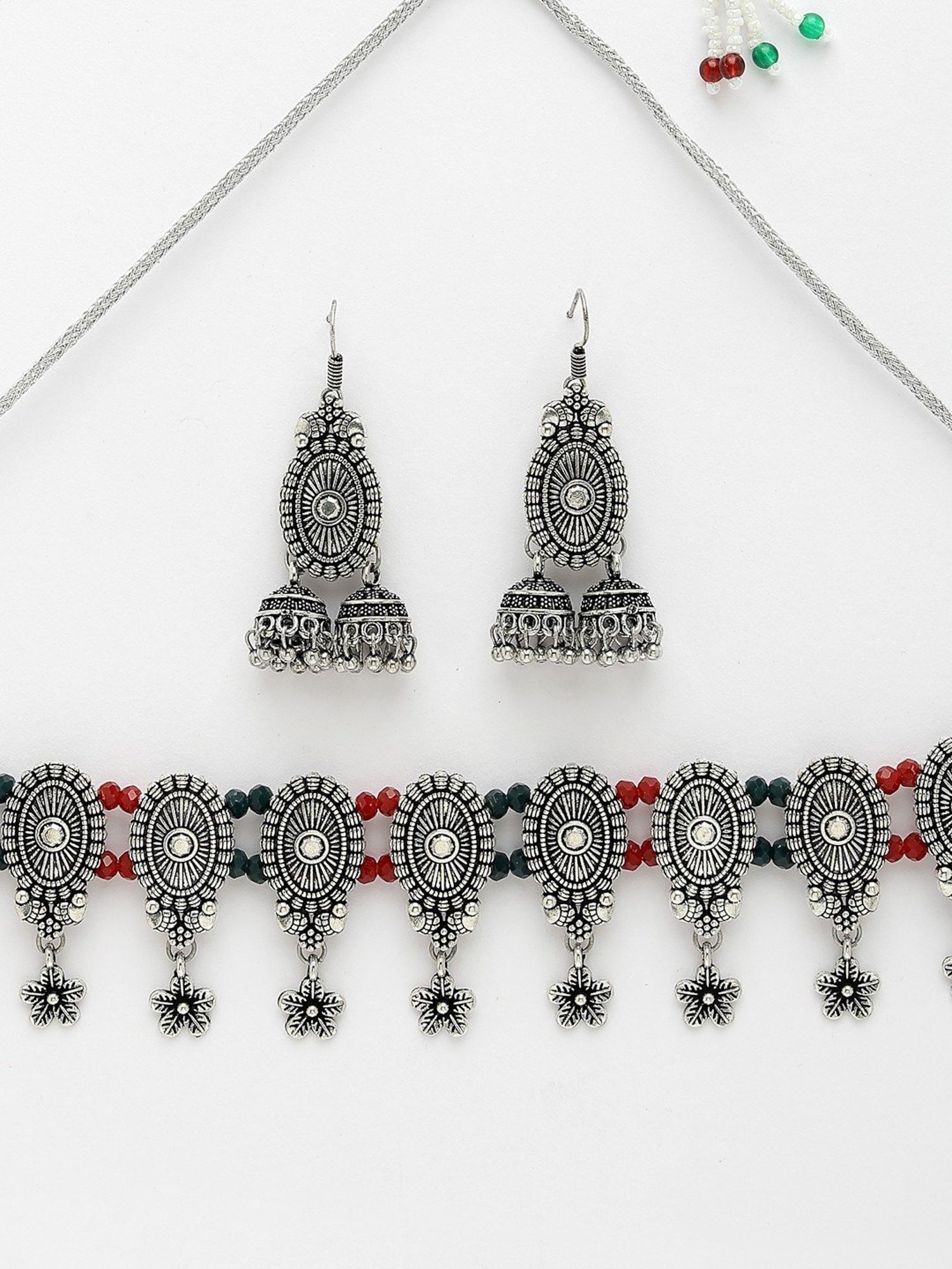 NVR Women Silver-Plated Choker Oxidized Necklace with Jhumki Earrings