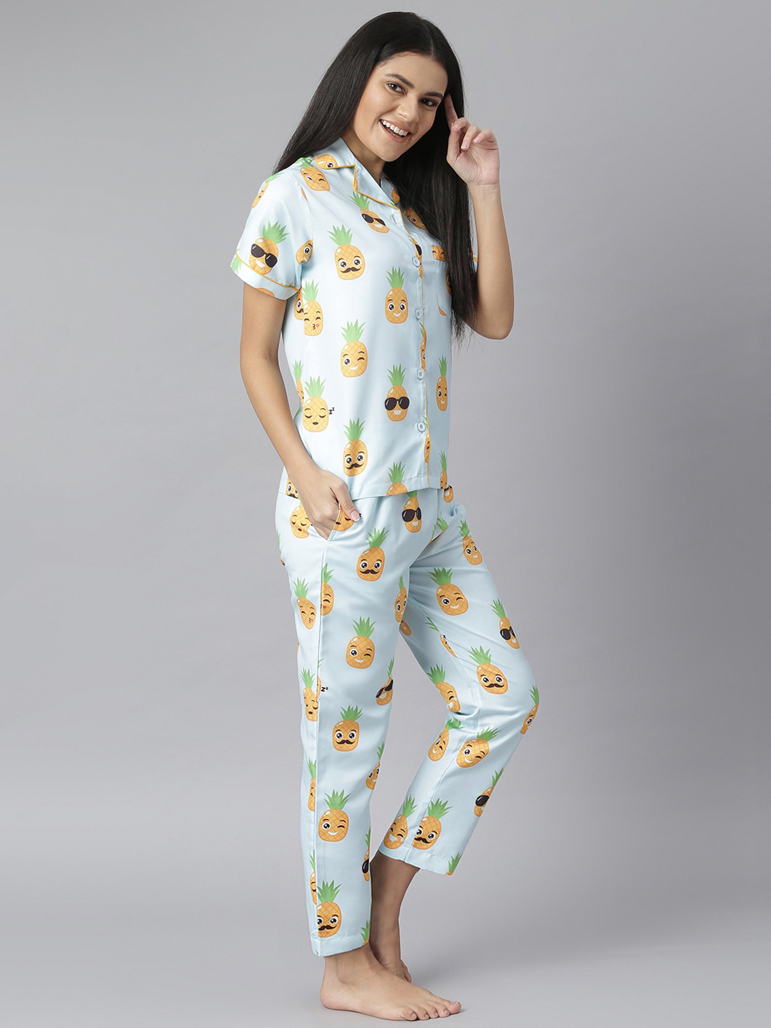 StyleStone Light Blue Pineapple Print Shirt With Pyjamas