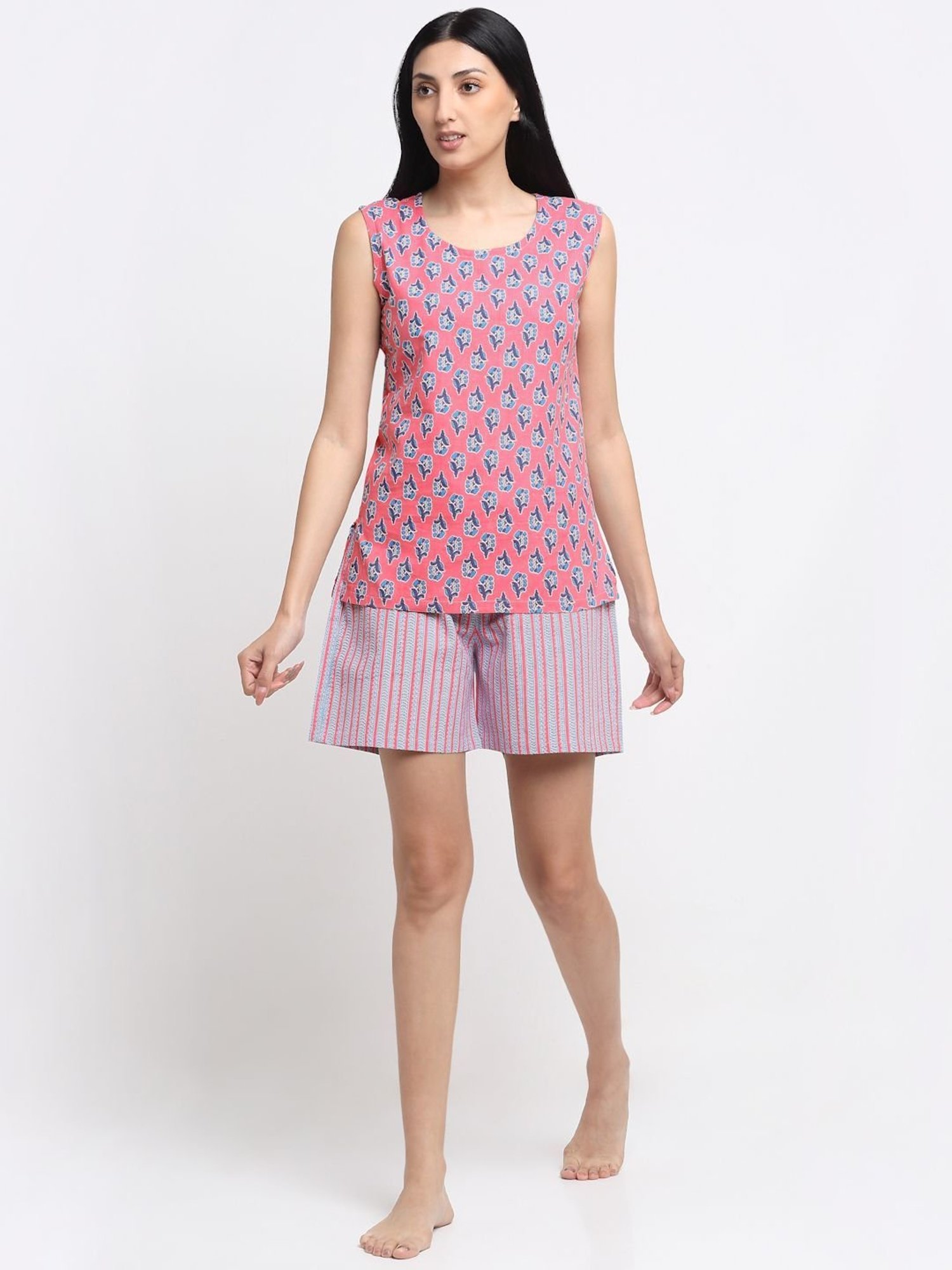 NEUDIS Pink Cotton Floral Print Top Shorts Set