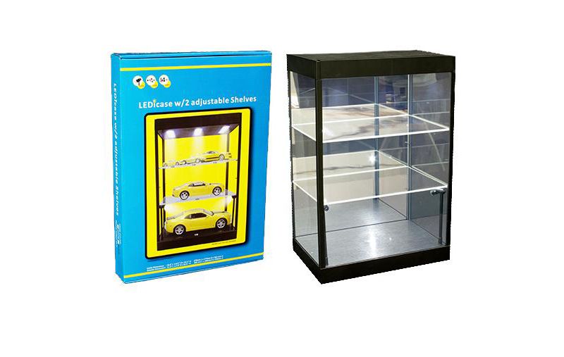 Display Showcase Desktop 2-Tier w/Two Adjustable Shelves & LED Lights Black for 1/18 1/24 1/32 1/43 1/64 Scale Models