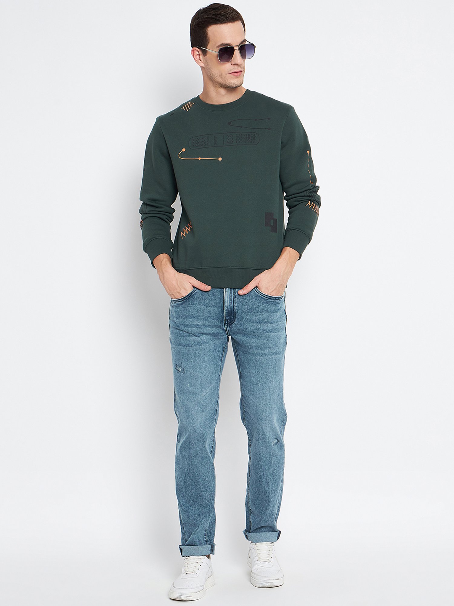 Camla Dark Green Regular Fit Printed Sweatshirt