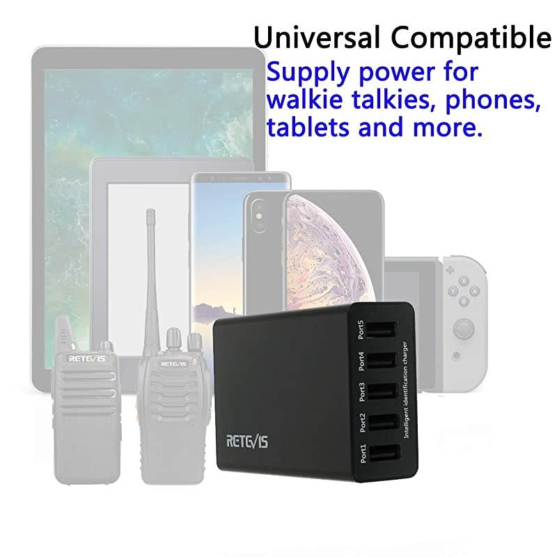 5Port USB Wall Charger Radio Charging Station for iPhone Xs Max XR Galaxy S9 Edge FM Radio Baofeng Cobra HYT 2 Way Radios and More 1 Pack