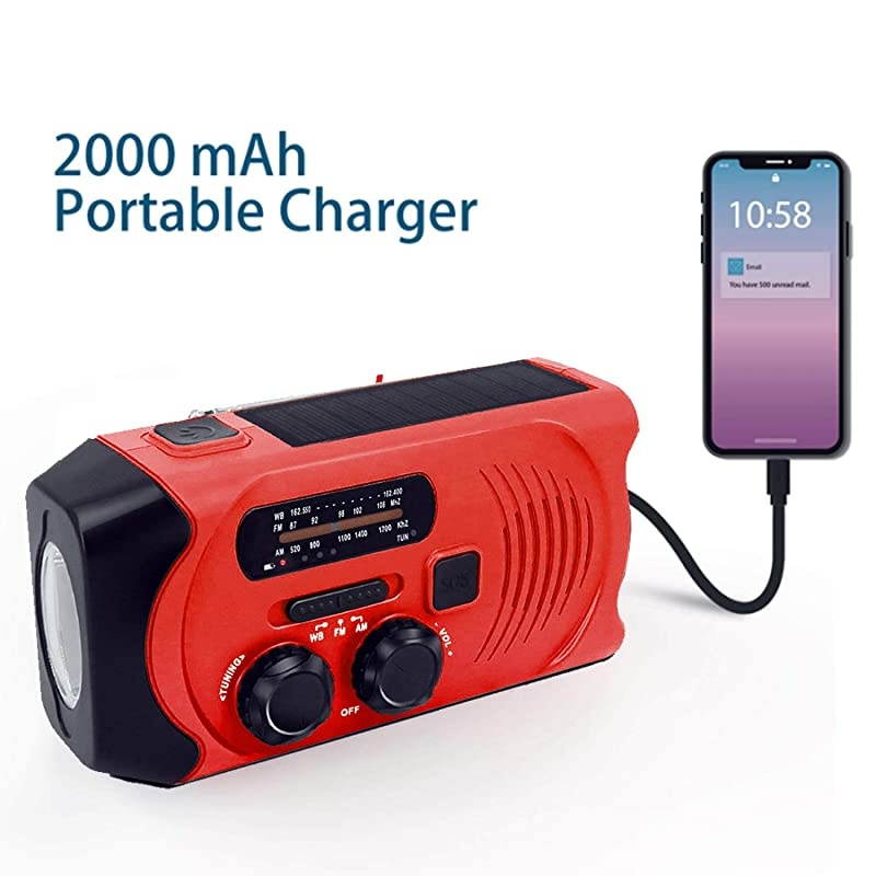 Weather Emergency AMFM Radio for Solar Hand Crank Self Powered Portable Radio with LED Survival FlashlightSOS Alarm2000mAh Power Bank Cell Phone ChargerRed