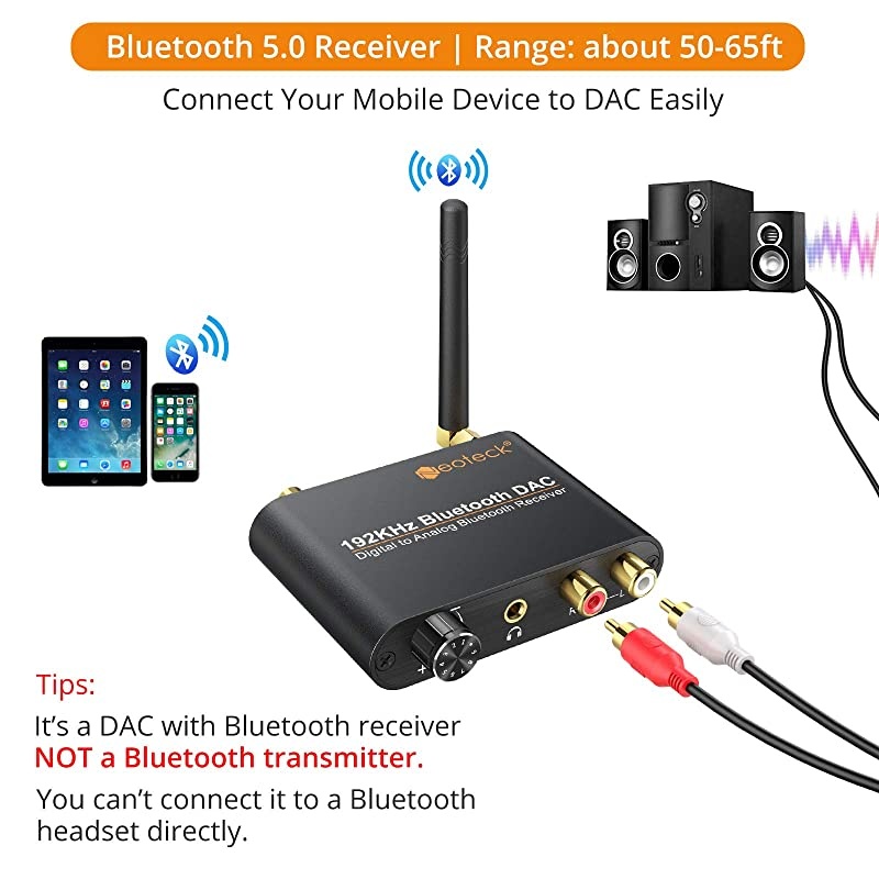 192kHz Digital to Analog Audio Converter with Bluetooth 50 Receiver Volume Knob Coaxial Toslink to Analog Stereo LR RCA 35mm Audio Adapter