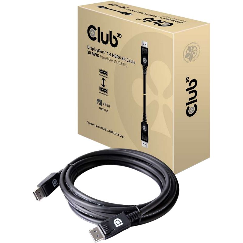Club 3D DisplayPort 1.4 HBR3 8K 28AWG Cable M/M 3m /9.84ft - 9.84 ft DisplayPort A/V Cable for Audio/Video Device, PC, Notebook