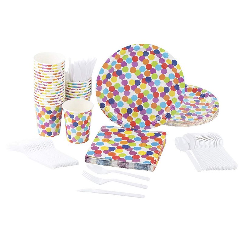 Juvale 144 Piece Serves 24 Disposable Polka Dot Party Dinnerware Set - Plates, Napkins, Cups, Cutlery