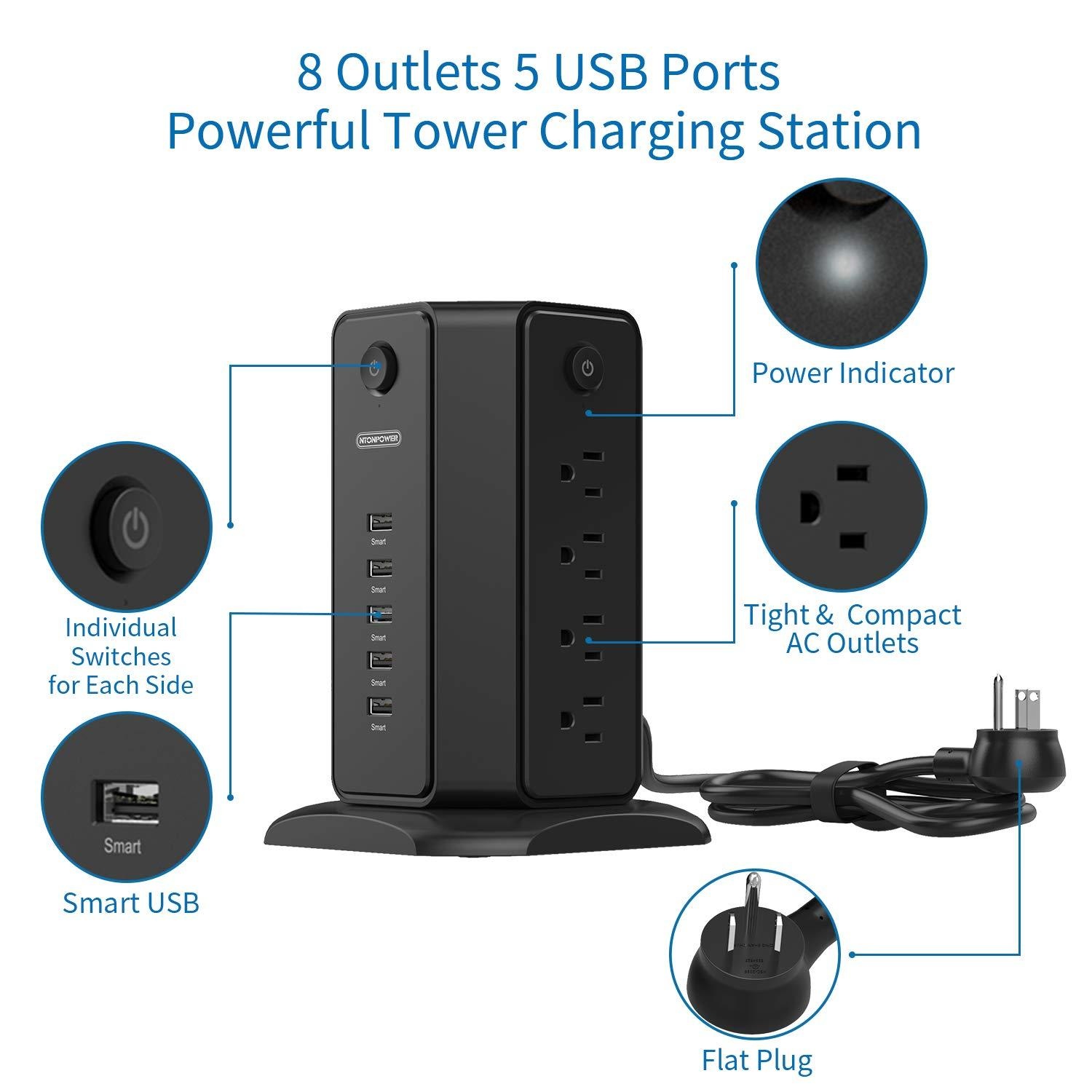 NTONPOWER Surge Protector Power Strip Tower, Flat Plug Desktop Charging Station, Individual Switches, 8 Outlets with 5 USB Charger, 6ft Heavy Duty Extension Cord for Home Office Dorm Essential