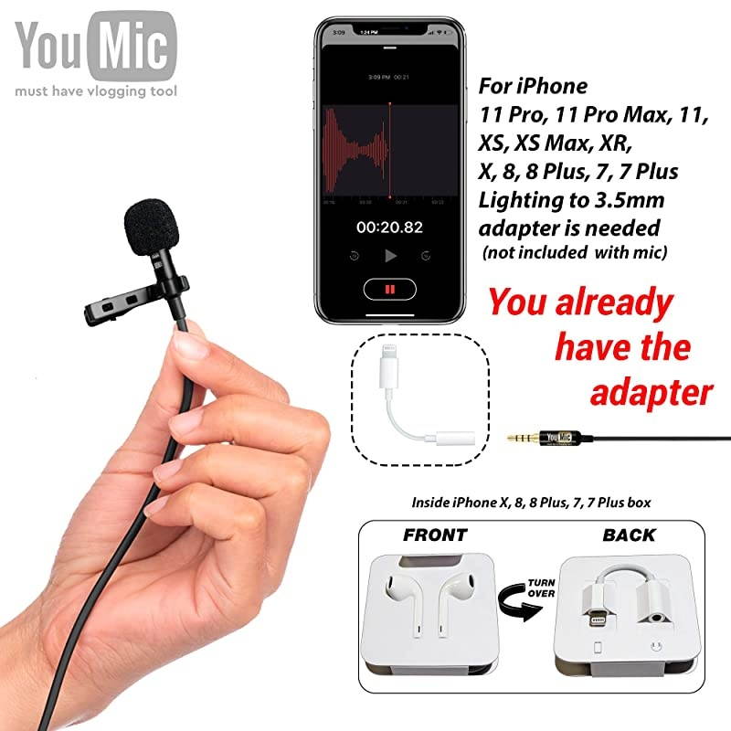 Lavalier Lapel Microphone for iPhone X 8 7 Plus 6 6s 5 5s iOSAndroid | Mini Lav Mic with Clip on