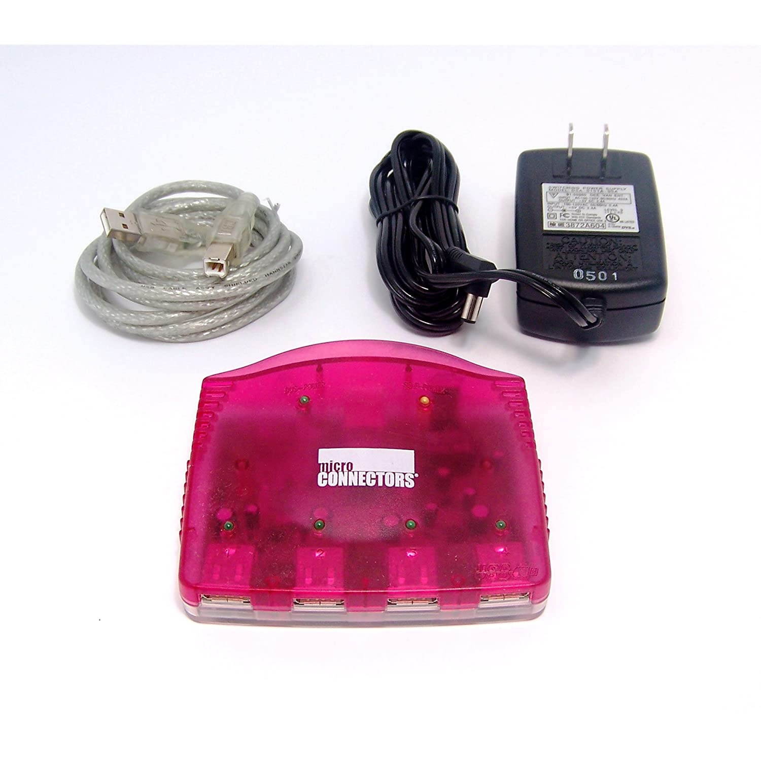 Micro Connectors, Inc. 4-Port Strawberry Flavored USB Hub with 2 Amp Power Supply and Cable (S08-300STW)