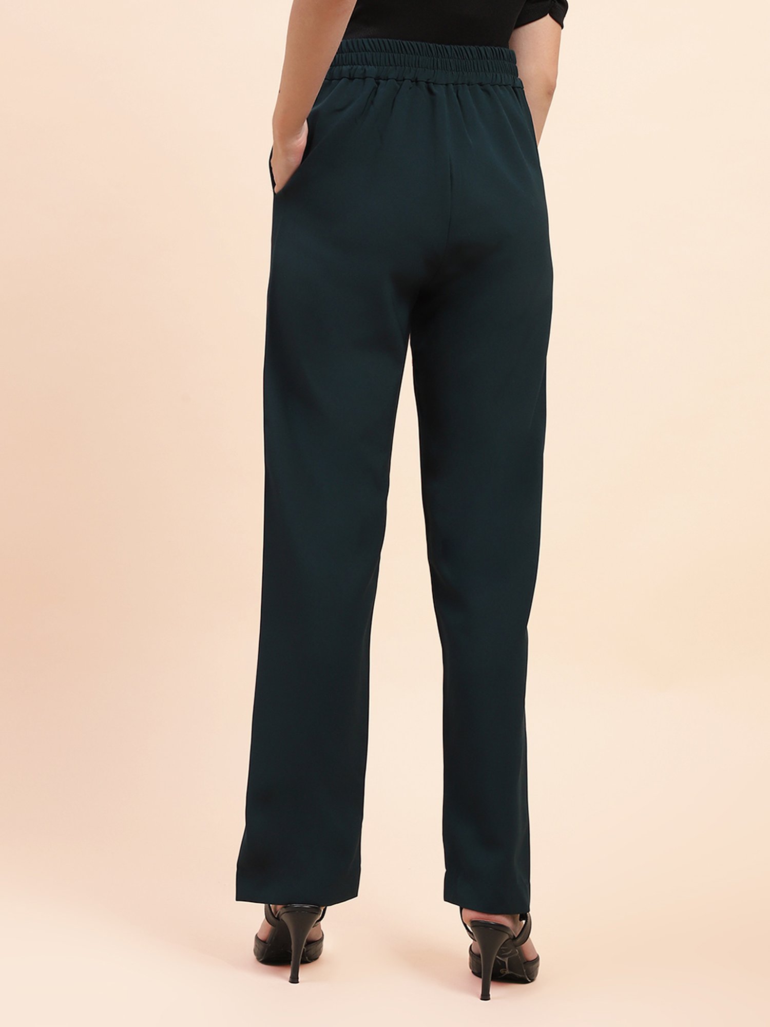 Camla Teal Straight Fit Mid Rise Trousers