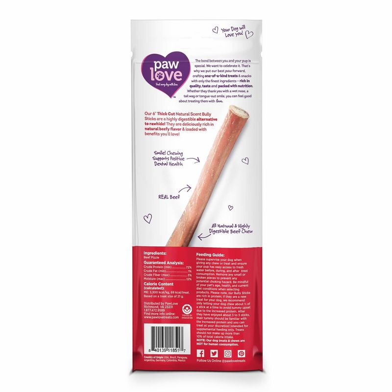 Paw Love 6" Thick Cut Bully Beef Stick Dog Rawhide Dog Treats - 2pk