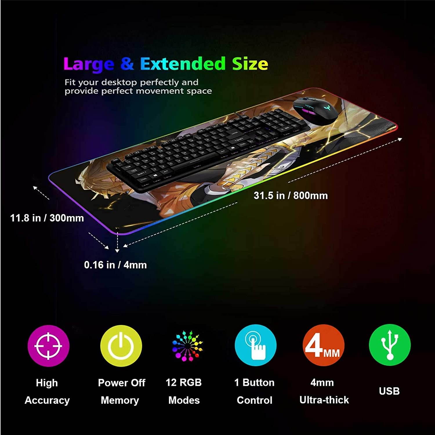 RGB Large Gaming Mouse Mat Anime Demon Slayer Zenitsu Agatsuma Kimetsu No Yaiba,Laptop Desk Pad,Mousepad with Stitched Edge & Non-Slip Rubber Base,Computer Keyboard and Mice Pads Mouse Mat 31.5X11.8