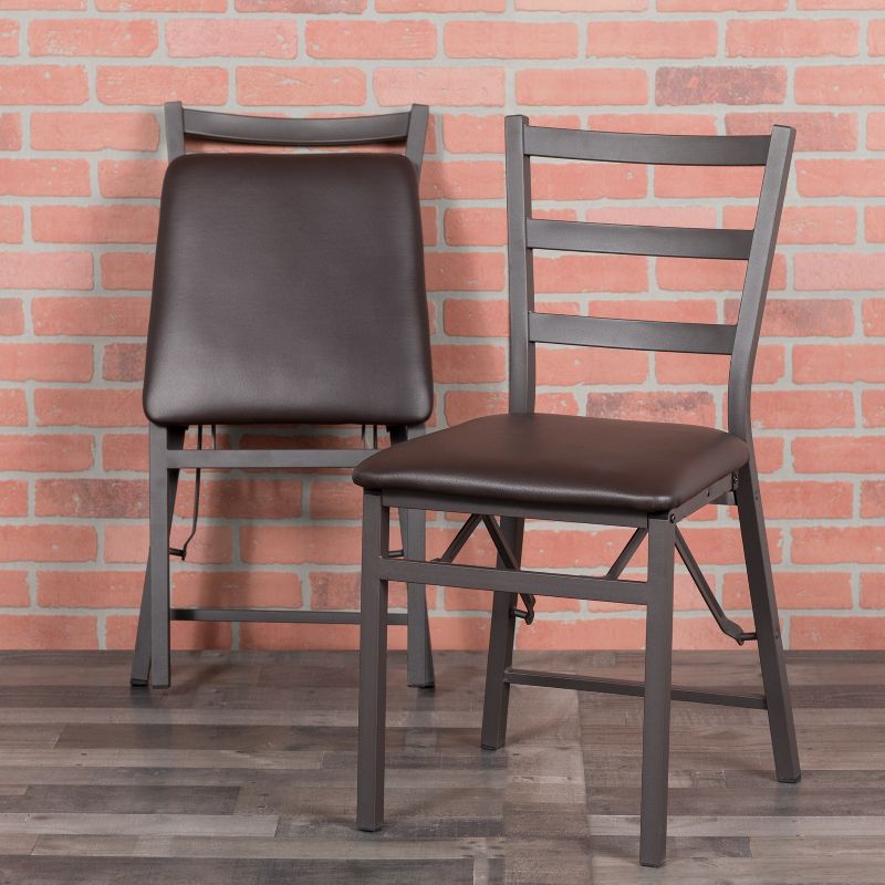 Emma and Oliver 2 Pack Ladder Back Metal Folding Chair with Brown Vinyl Seat