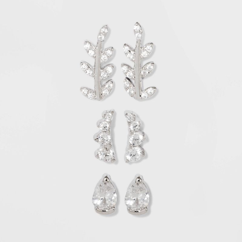 Sterling Silver Cubic Zirconia Leaf, Crawler and Teardrop Earring Set 3pc - A New Day™ Silver