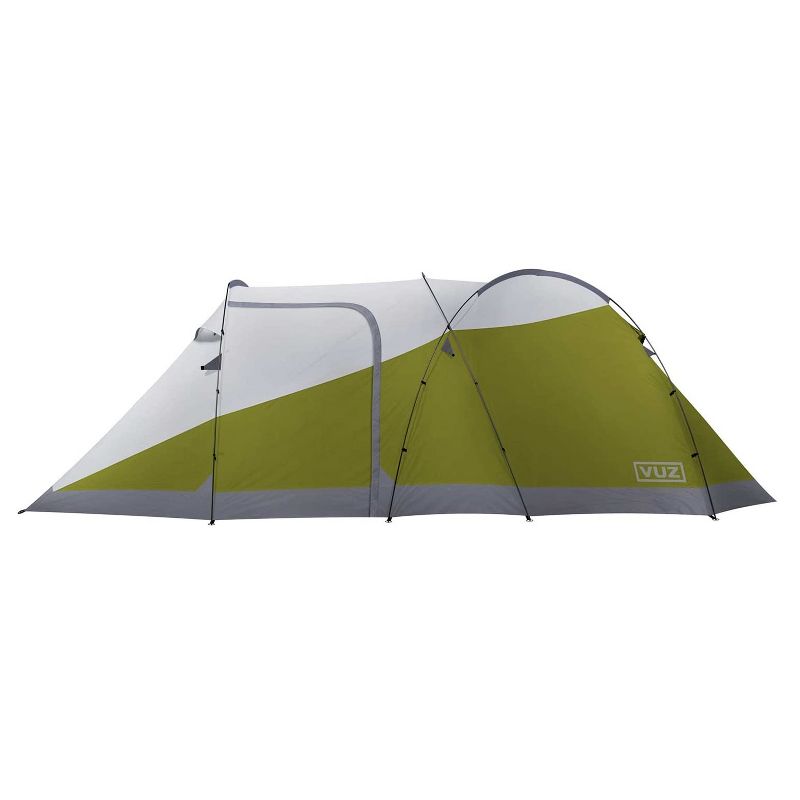 Vuz Moto VUZ-MT Waterproof 12-Foot 3-Person Camping Tent with Integrated Motorcycle Port, 4 Points of Entrance, Green and White