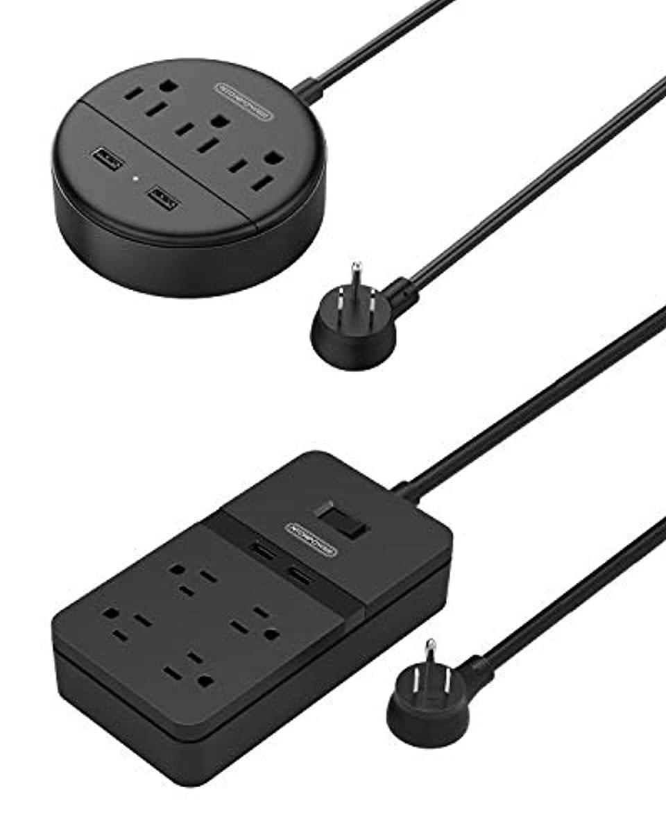 NTONPOWER Power Strip with USB Bundle, 3 Outlets and 4 Outlets 2 USB Compact Power Strip with 5 ft Extension Cord, Right Angle Flat Plug, Wall Mount for Office, Home, Nightstand, Dorm, Black