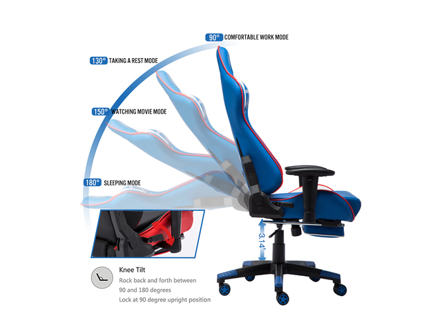 Nokaxus Gaming Chair Large Size High-Back Ergonomic Racing Seat with Massager Lumbar Support and Retractible Footrest PU Leather 90-180 Degree Adjustment of backrest Thickening sponges