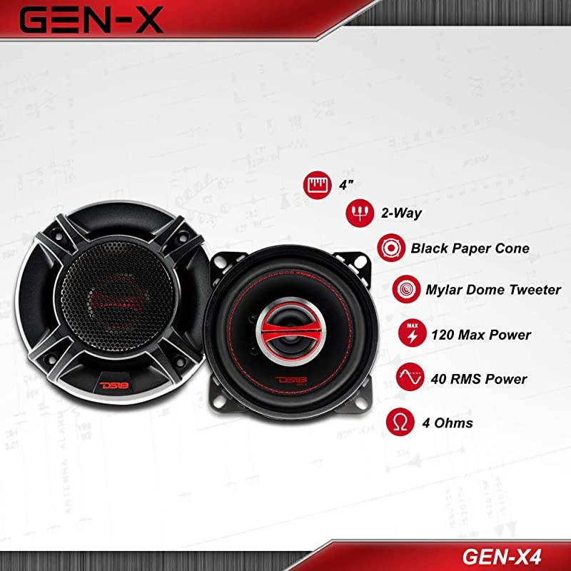 GEN-X4 Coaxial Speaker - 4", 2-Way, 120W Max, 40W RMS, Black Paper Cone, Mylar Dome Tweeter, 4 Ohms - Clarity Unparalled by Other Speakers in Their Class (2 Speakers)