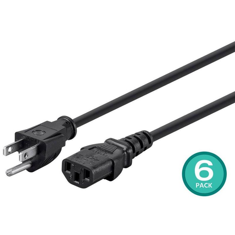 Monoprice 3-Prong Power Cord - 2 Feet - Black (6-Pack) NEMA 5-15P to IEC 60320 C13, 14AWG, 15A, Works With Most Pcs, Monitors, Scanners, and Printers