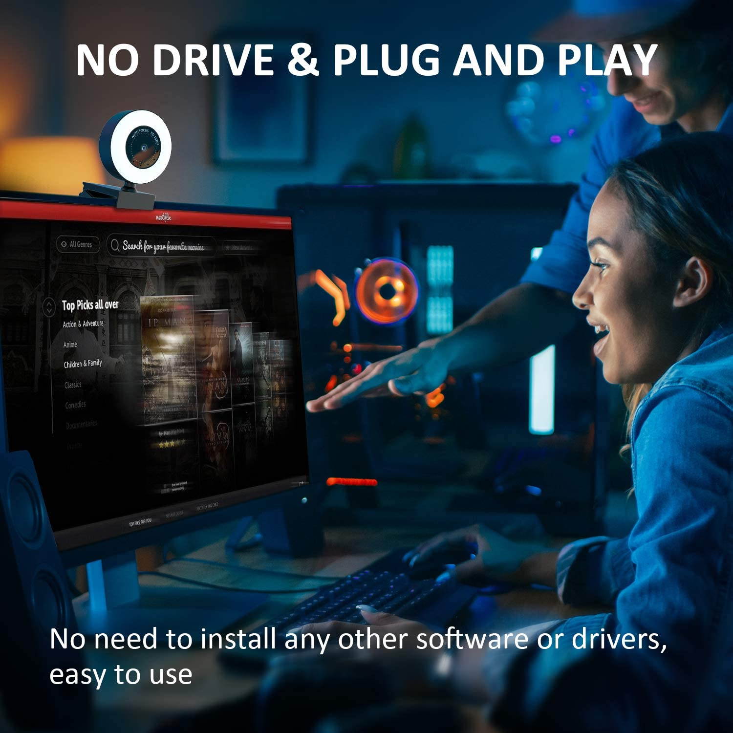 PTN HD Webcam 1080P with Adjustable Brightness Ring Light, USB PC Video Cam with Built-in Microphone, Advanced Autofocus Web Camera with Dual Microphone for Mac Windows Laptop Xbox Skype OBS