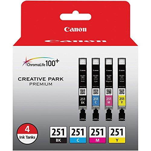 Genuine Canon CLI-251 4-Cartridge Ink Set (6513B004) + Canon PGI-250PGBK XL High-Capacity Pigment Black Ink Tank (6432B001)