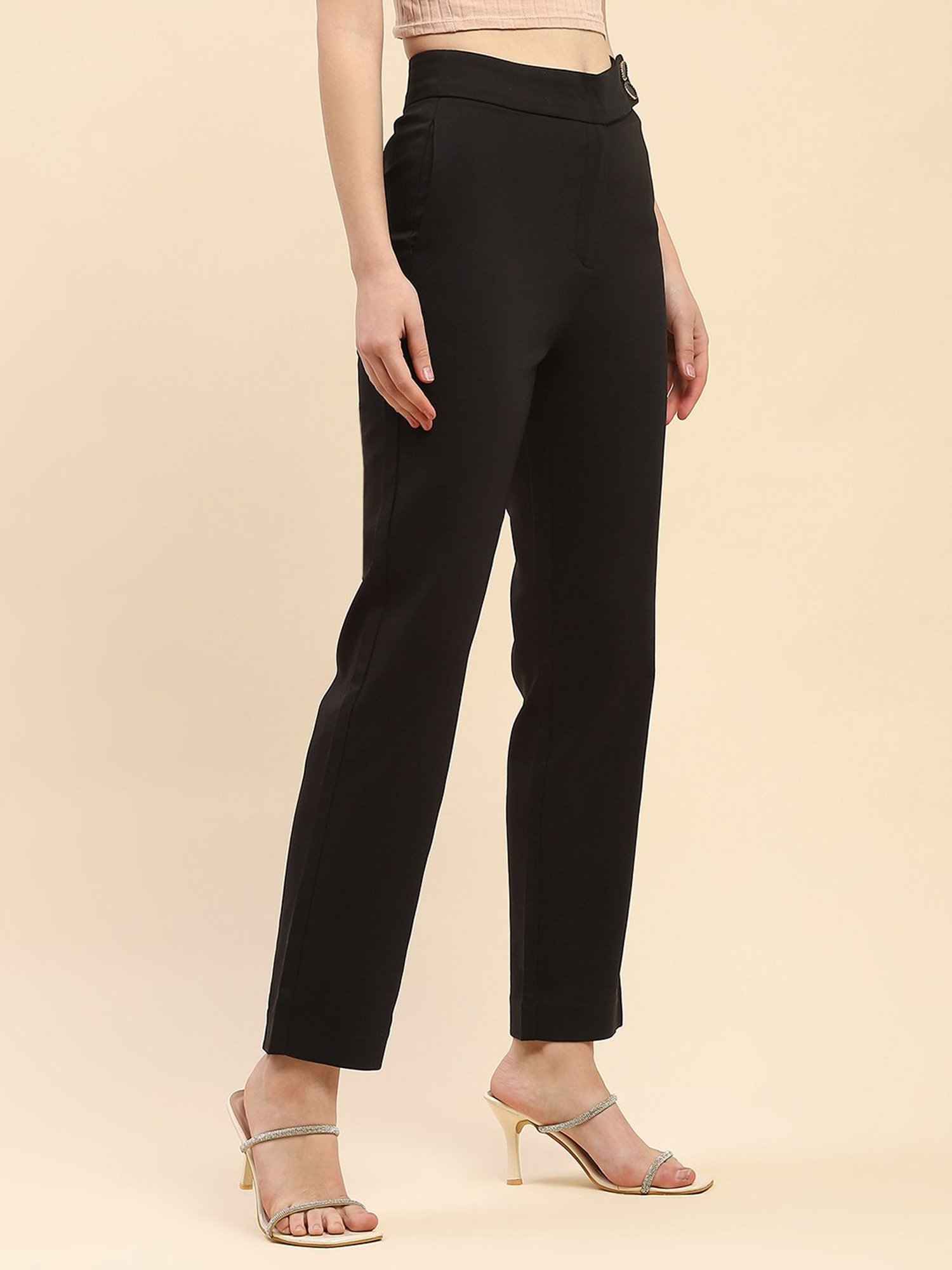 Camla Black Cotton Straight Fit Mid Rise Trousers