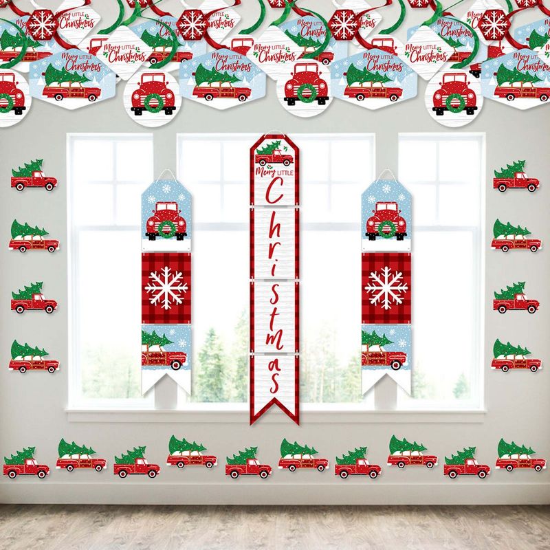 Big Dot of Happiness Merry Little Christmas Tree - Wall and Door Hanging Decor - Red Truck and Car Christmas Party Room Decoration Kit