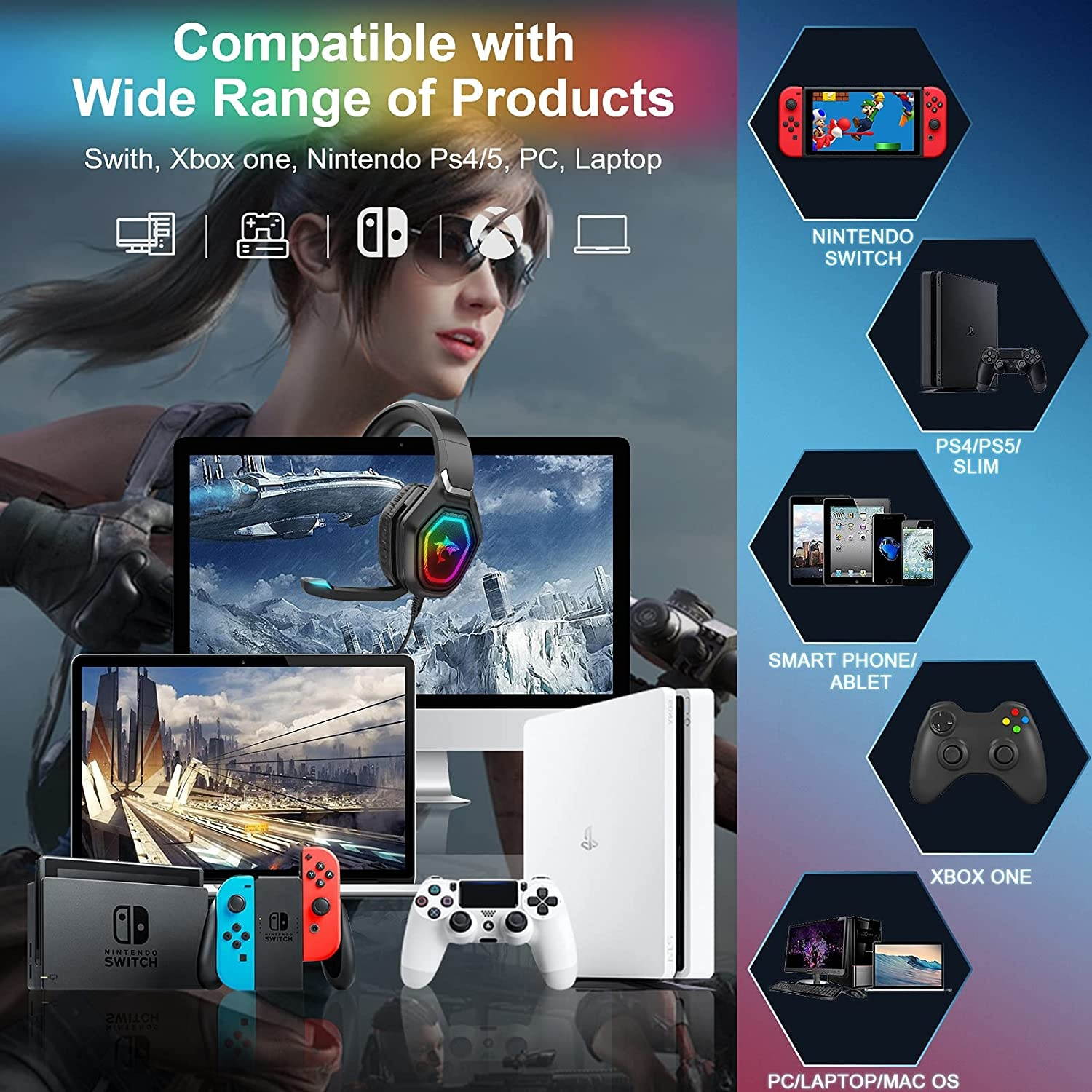Gaming Headset with Mic & LED Light Noise Cancelling Over Ear Headphones for Nintendo Switch PS4 PS5 PC Xbox One Laptop Phones,50MM Speaker Driver,Stereo Sound Headset with Microphone
