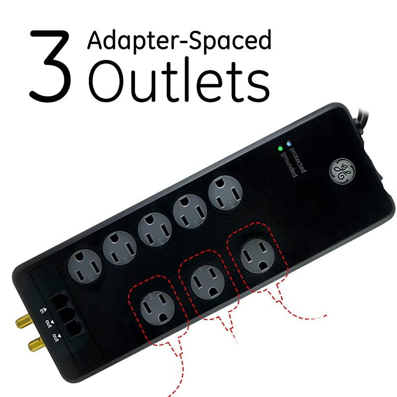 Pro Sur Protector 8 Outlet Power Strip 4ft Extension Cord 3 PhoneDslModem Line Ports 2 CableCoax Ports 3 Extra Wide Adapter Spaced Outlets Flat Plug 2100 Joules Black 14095