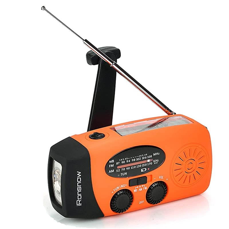 Upgraded Version IS088U+ Dynamo Solar Hand Crank Self Powered AMFMNOAA Weather Radio with LED Flashlight and 1000mAh Emergency Power Bank Orange