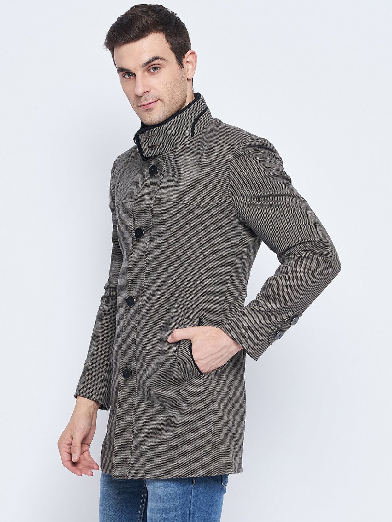 Camla Brown Regular Fit Mock Collar Textured Overcoat